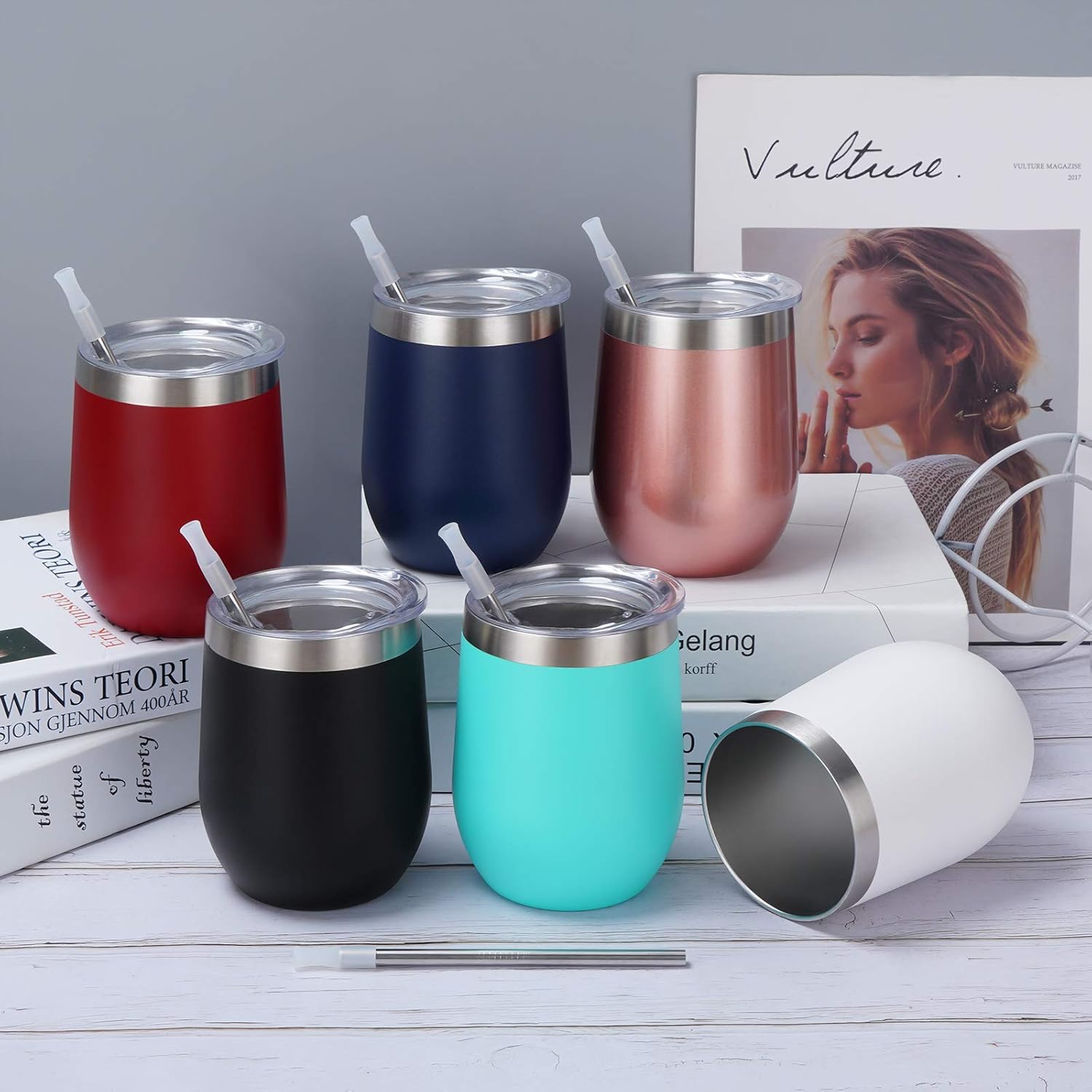 12 Oz Double Wall Vacuum Insulated Stemless Wine Tumbler with Lid Straw, Set of 6