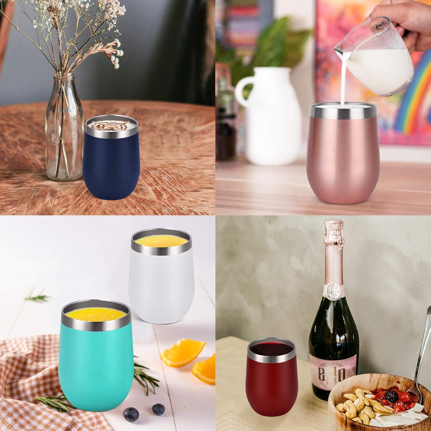 12 Oz Double Wall Vacuum Insulated Stemless Wine Tumbler with Lid Straw, Set of 6