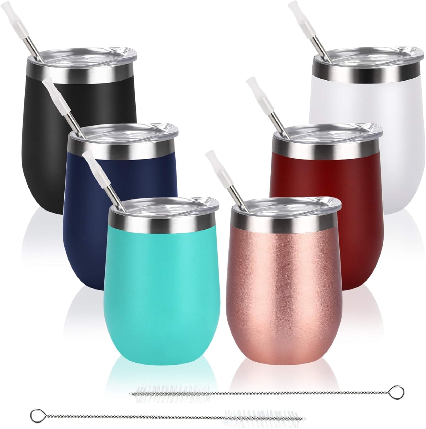 12 Oz Double Wall Vacuum Insulated Stemless Wine Tumbler with Lid Straw, Set of 6