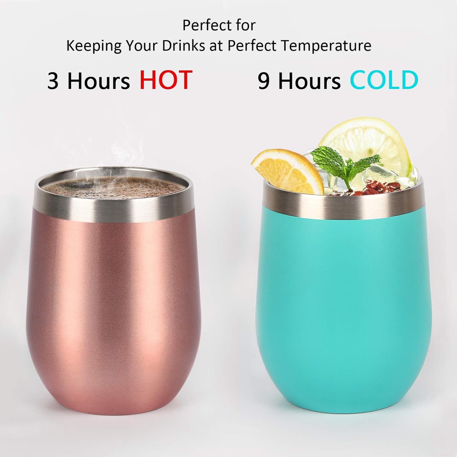 12 Oz Double Wall Vacuum Insulated Stemless Wine Tumbler with Lid Straw, Set of 6