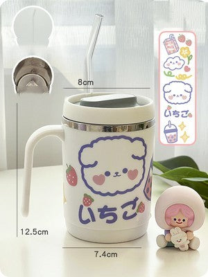 Cartoon Animal Glass Tumbler with Handle and Measurement Markings