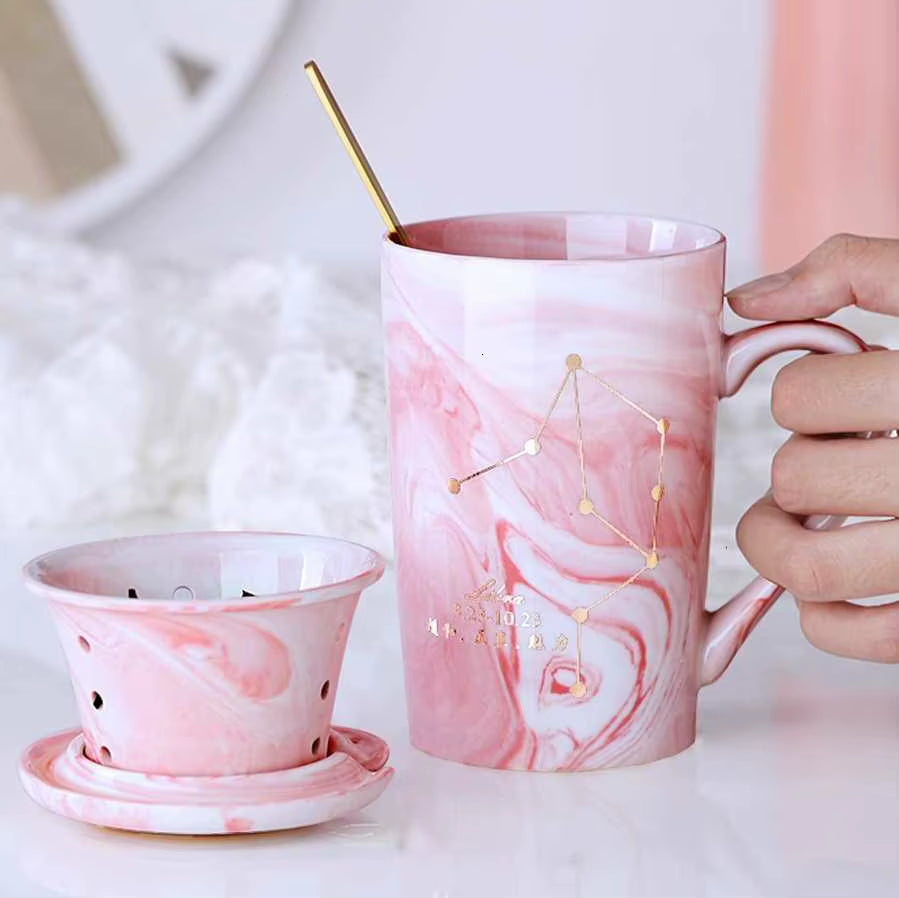 380ML  Natural Marble 12 Constellation Ceramic Pink Zodiac Mug with Lid