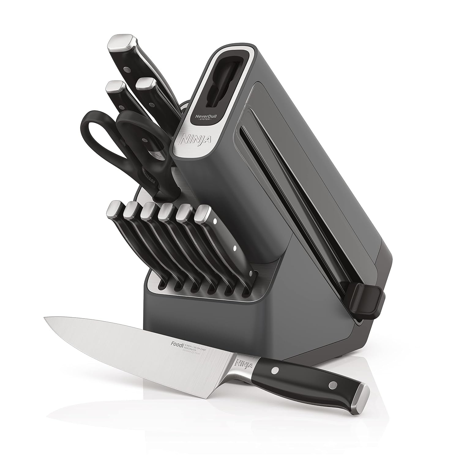 Premium Knife System, 12 Piece Knife Block Set with Built-In Sharpener, German Stainless Steel Knives, Black