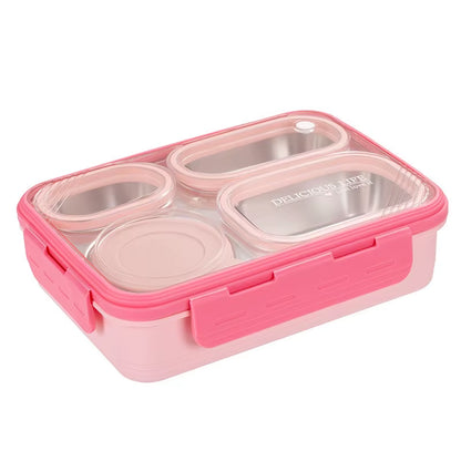 Square 4-Compartment Meal Box Large Capacity Stainless Steel Lunch Box with Soup Container for Students and Office Workers