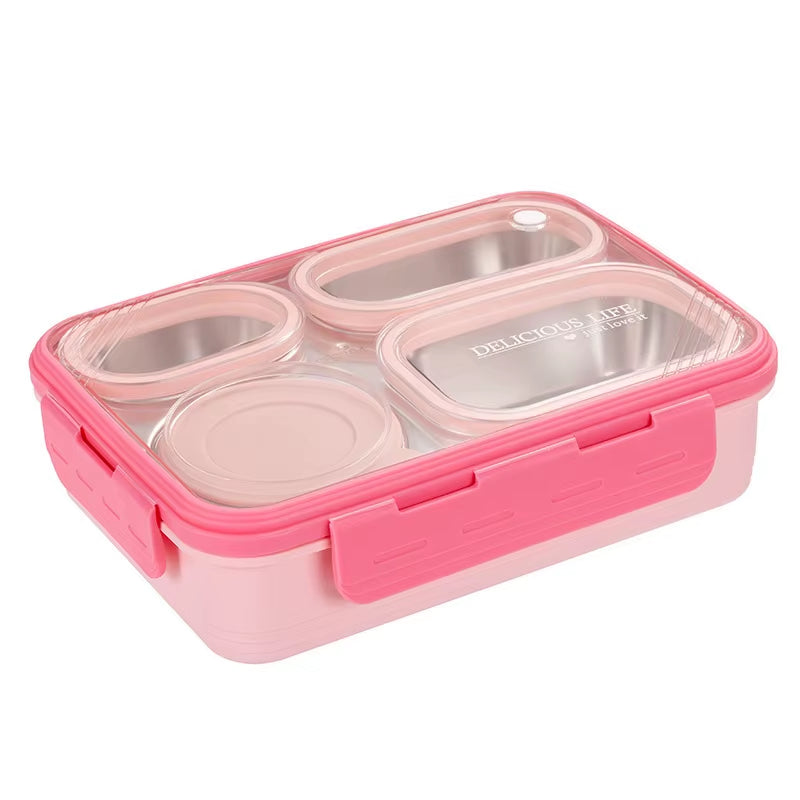Square 4-Compartment Meal Box Large Capacity Stainless Steel Lunch Box with Soup Container for Students and Office Workers