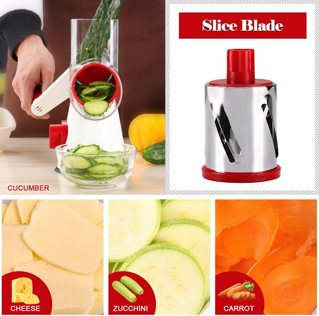 Rotary Cheese Grater Hand Crank, Kitchen Shredder Speed Mandolin Slicer with Handle and Drum Blades