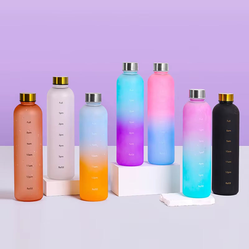 1Liter Water Bottle with Time Marker Leakproof Gym Fitness Sports Bottle for Outdoor Travel Plastic Frosted Drinking Bottles