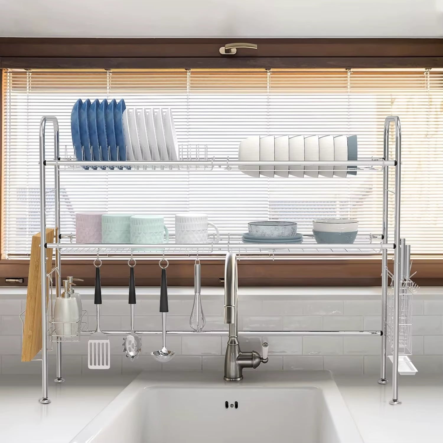Adjustable over Sink Dish Rack 2-Tier Stainless Steel - Kitchen Drainer W/Utensil & Chopstick Holder, Silver Storage Organizer