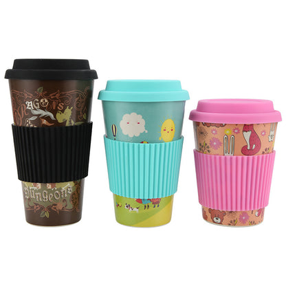 Set of Colorful Bamboo Coffee Cups with Silicone Lids and Grip Sleeves
