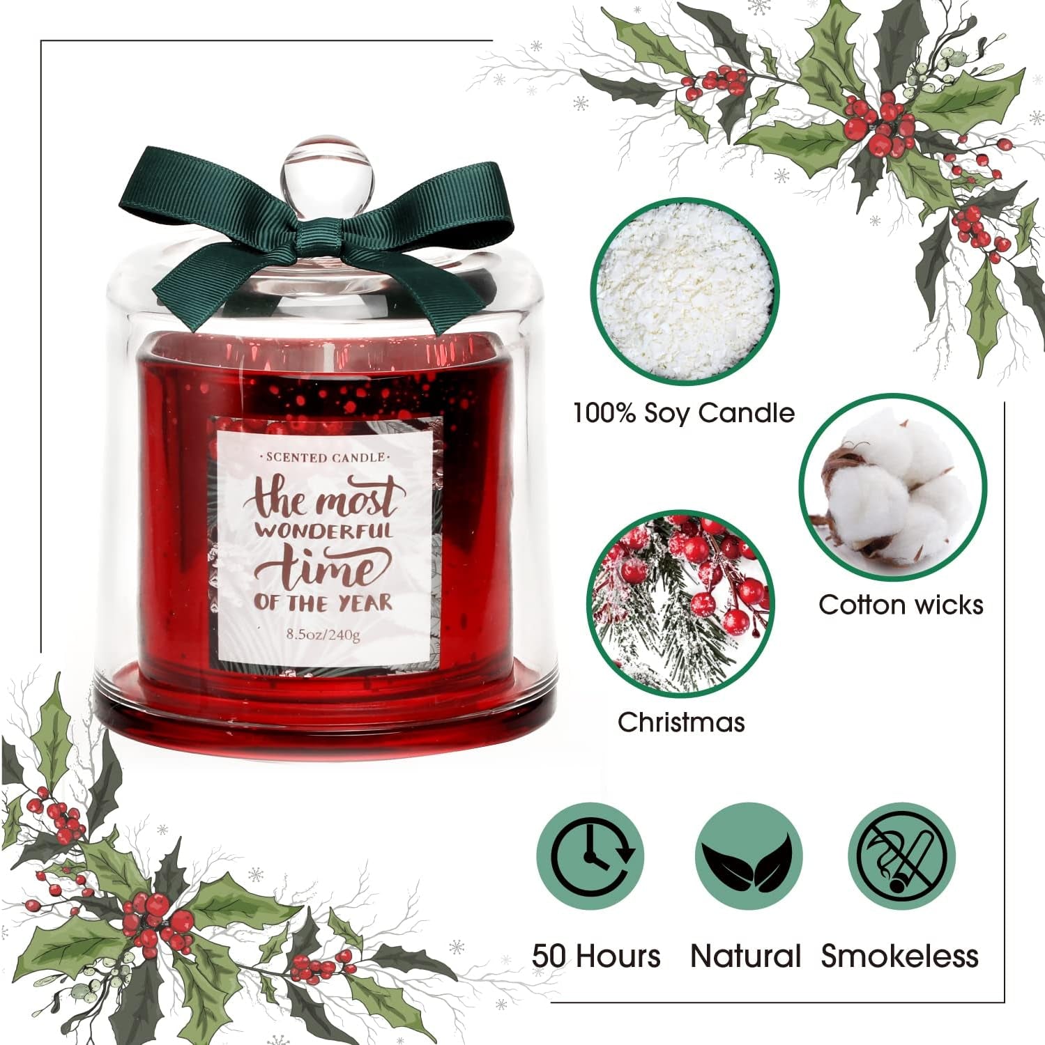 Pine Scented Christmas Candle, Natural Soy Wax,8.5Oz, Red