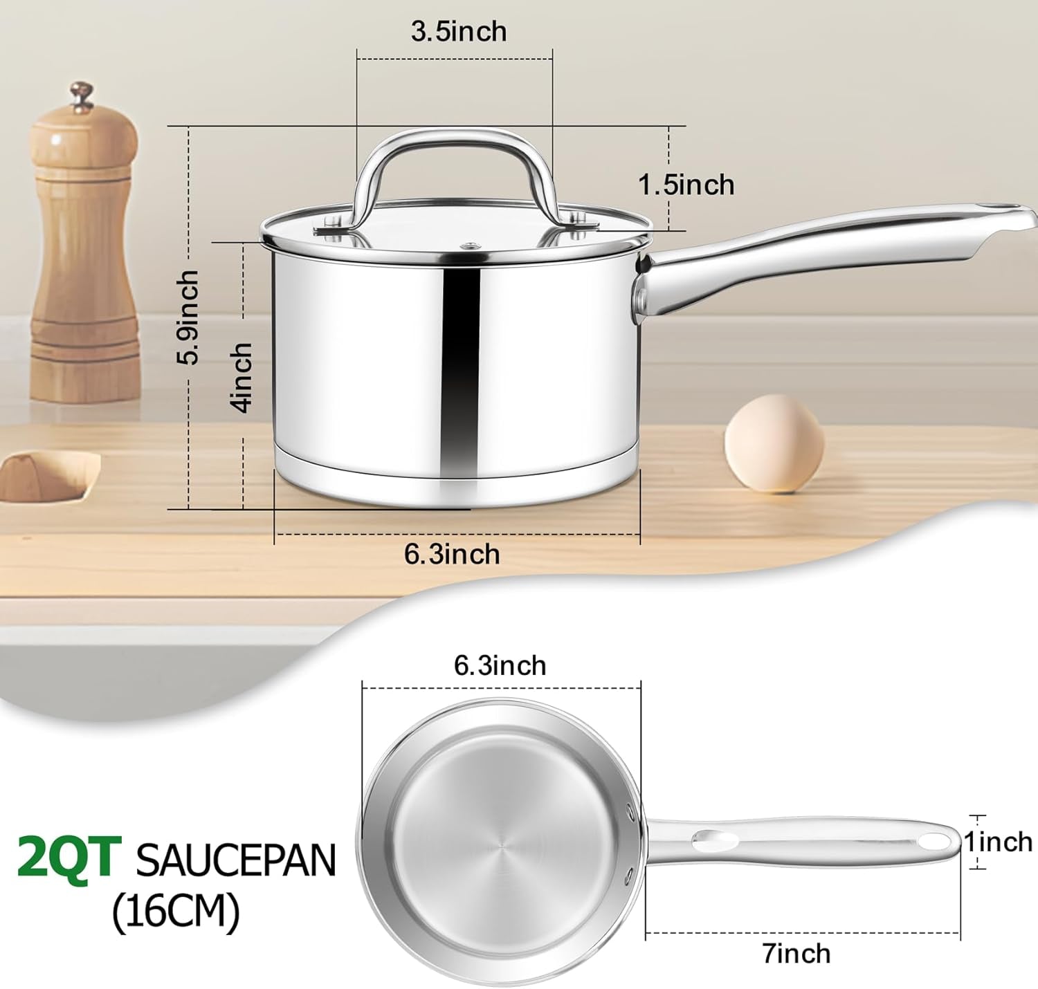 2 Qt Stainless Steel Saucepan with Lid, Tri-Ply Bottom for Induction/Gas/Electric/Ceramic, Dishwasher Safe