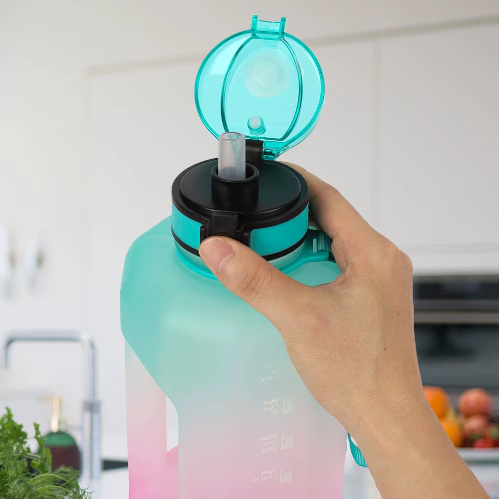 Big Water Bottle 2.2 Litre with Handle Time Marker, Straw Leak Proof Half Gallon Large Capacity Huge Jug for Workout Gym Fitness