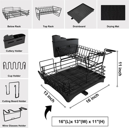 Space Saving 2 Tier Stainless Steel Dish Racks Organizer, Rust Resistant Dish Strainers - Black