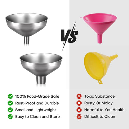 2-Piece Stainless Steel Kitchen Funnel Set with 1-Inch and 0.5-Inch Ports for Transferring and Filling Liquids