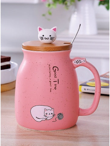 450ml Cartoon Cat Ceramic Mug with Lid & Spoon – Coffee, Tea, Breakfast Cup