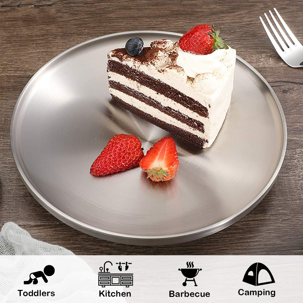 9" Stainless Steel Dinner Plate, Double-Layer round Dessert Plate - Set of 4