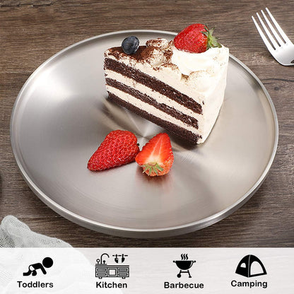 9" Stainless Steel Dinner Plate, Double-Layer round Dessert Plate - Set of 4