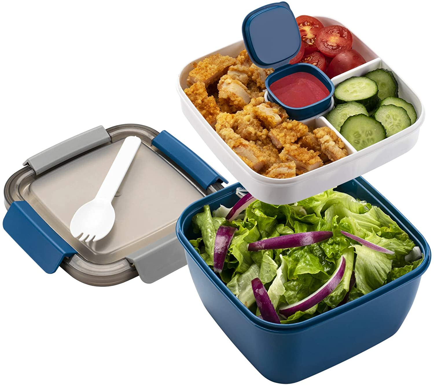 Salad Lunch Container To-Go – 52oz Bowl with Compartments & Dressing Cup