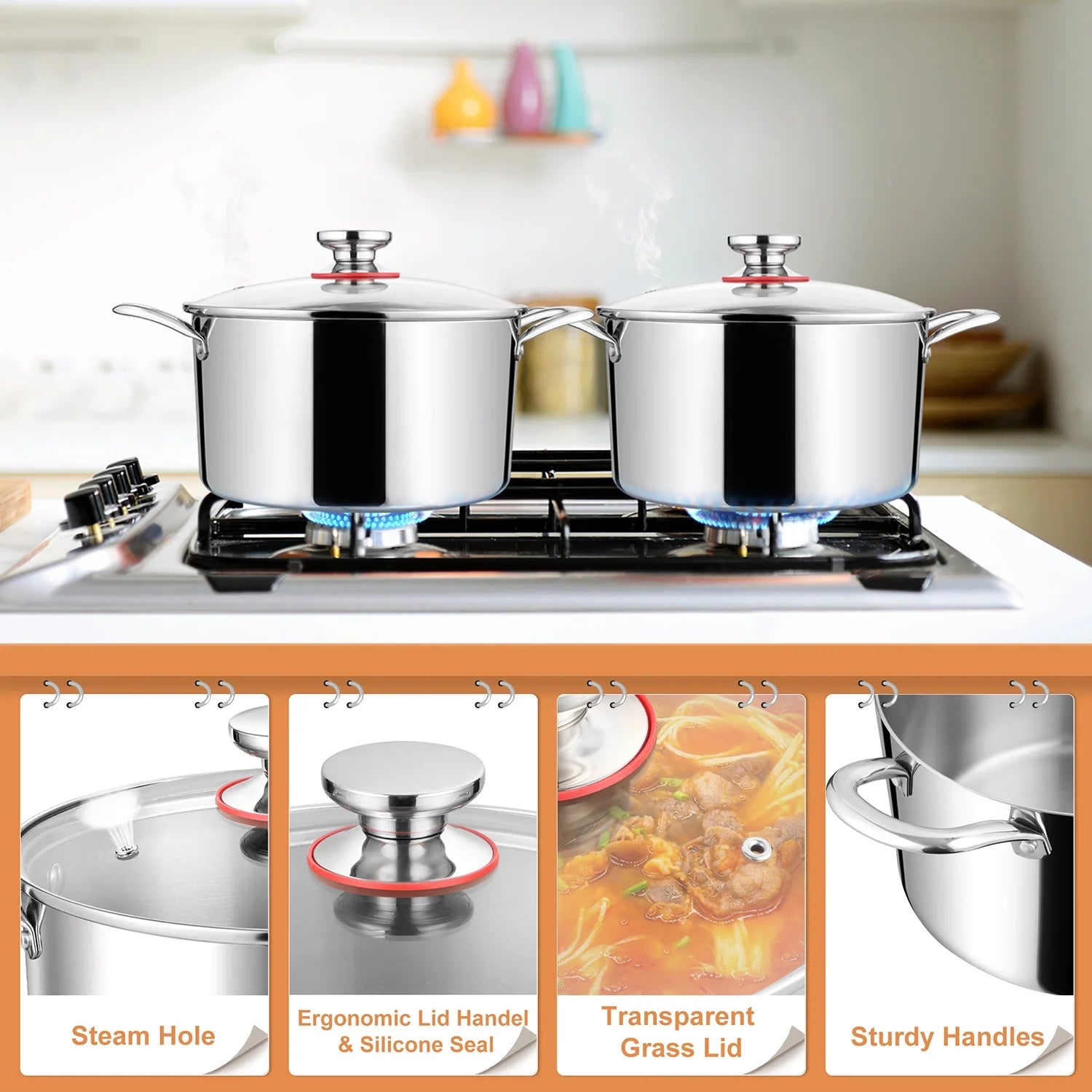 8 QT Stainless Steel Stock Pot with Glass Lid, Cooking Soup Pot with 3-Ply Whole Clad For