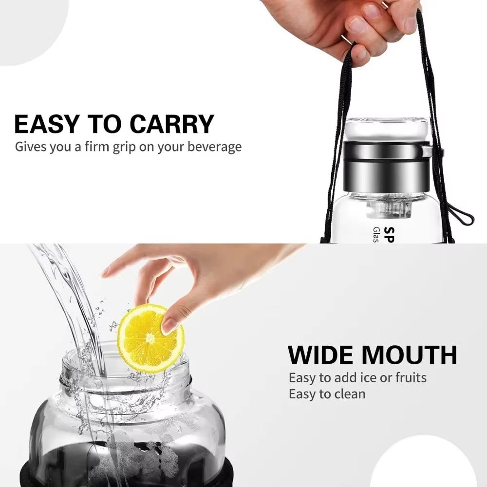 32 Oz Portable Glass Water Bottle Transparent Milk Juice Cup with Stainless Tea Infuser 