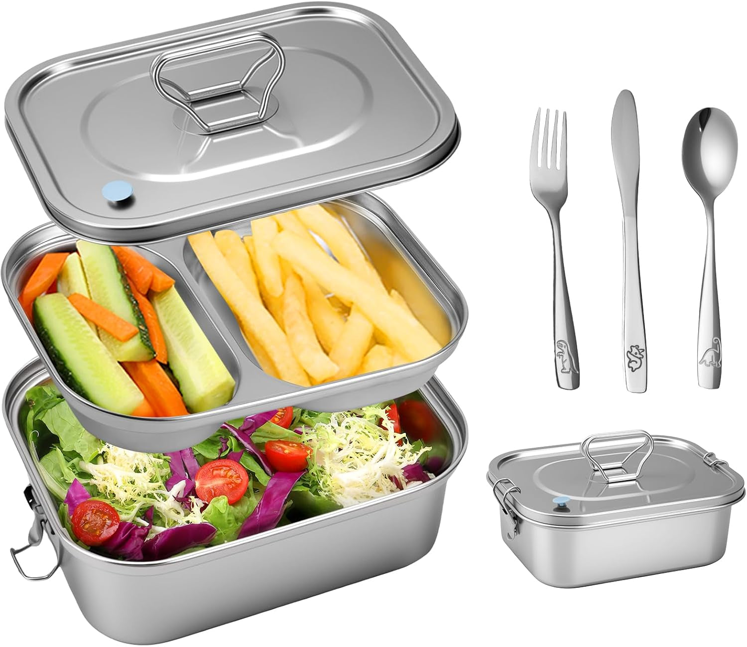 1500ML 2-Compartment Tray Stainless Steel Bento Box Leakproof with Airtight Valve Handle, Including Utensil Set (Fork/Knife/Chopsticks) 