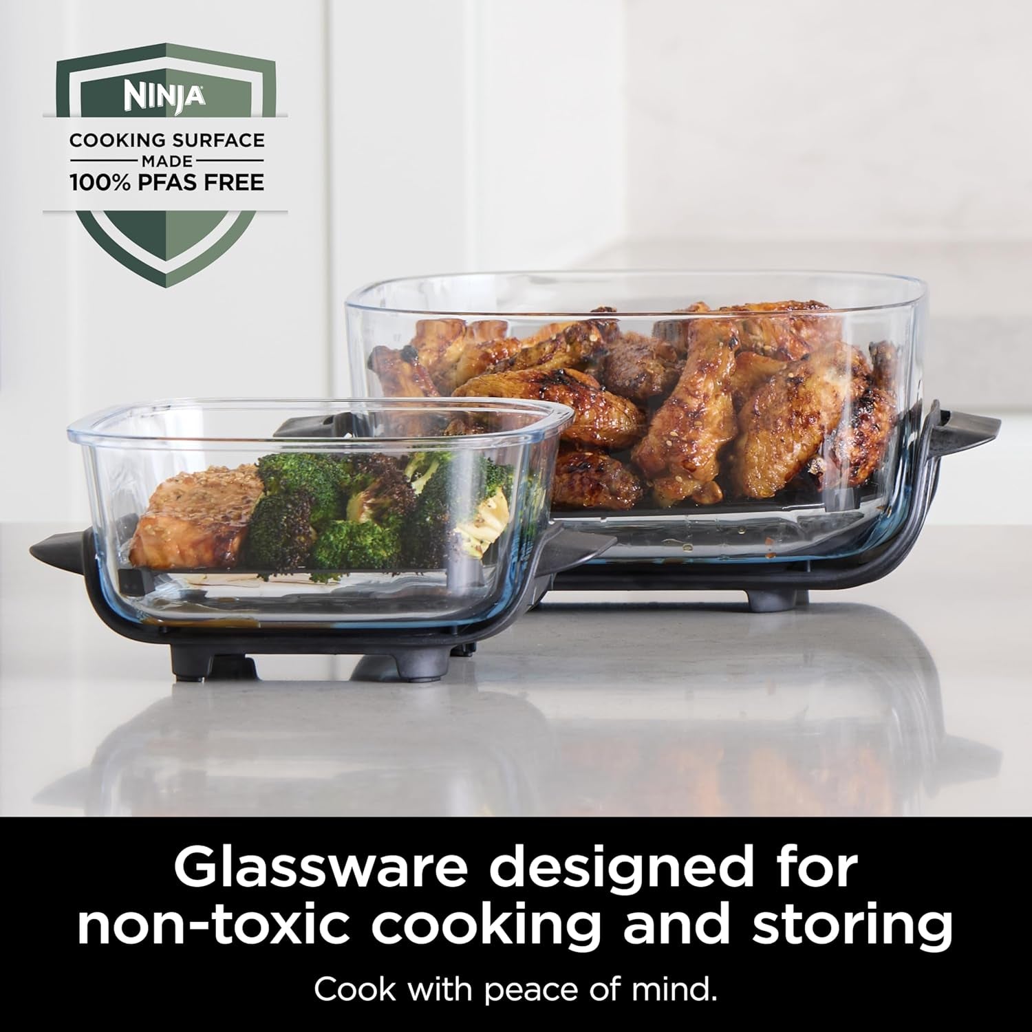 4-In-1 Portable Glass Air Fryer Cooking System, 1500W, 4QT & 6-Cup Tempware Glass Containers with Storage Lids, Microwave, Freezer & Dishwasher Safe, Cyberspace Gray
