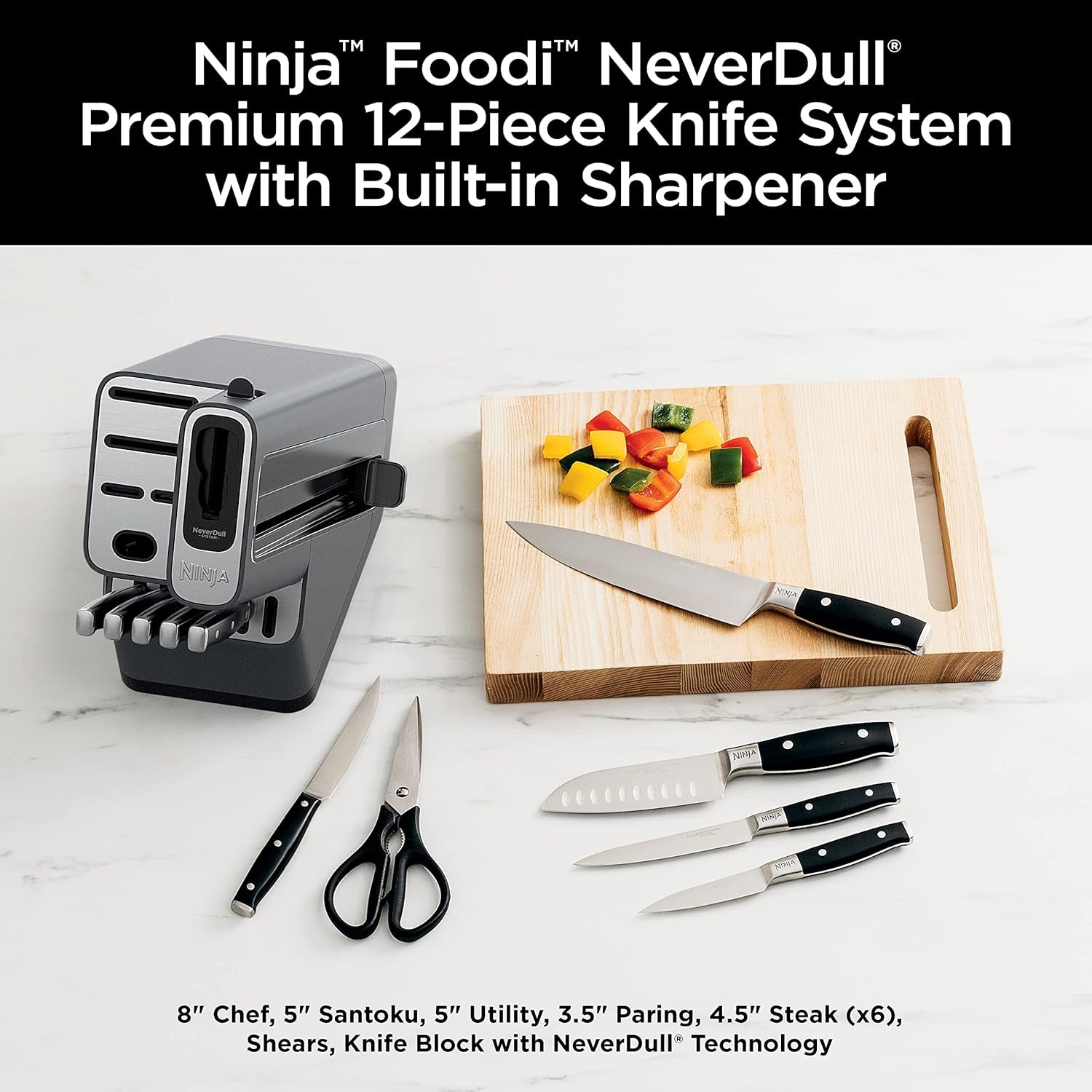 Premium Knife System, 12 Piece Knife Block Set with Built-In Sharpener, German Stainless Steel Knives, Black
