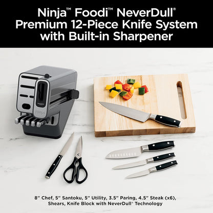 Premium Knife System, 12 Piece Knife Block Set with Built-In Sharpener, German Stainless Steel Knives, Black