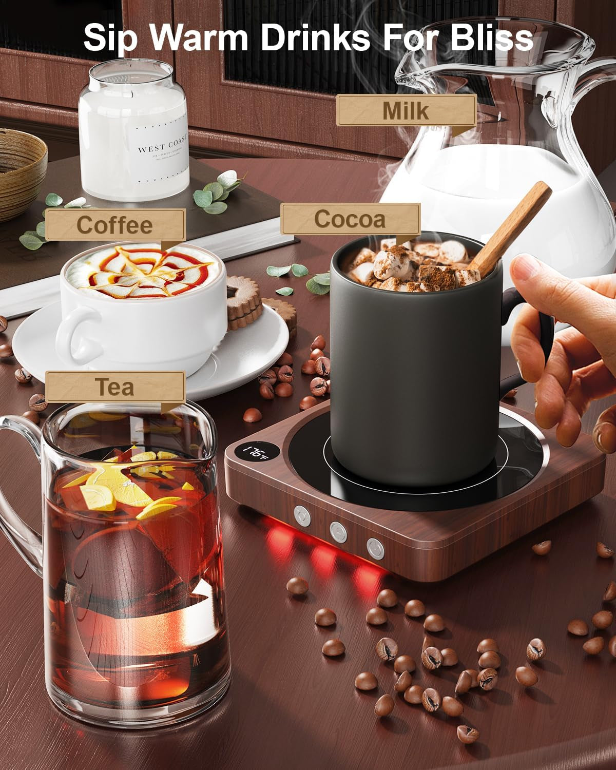 Mug Warmer - 36W Coffee Mug Warmer for Desk with Temperature Display, 2-12Hrs Auto Shut Off, Smart Candle Warmer
