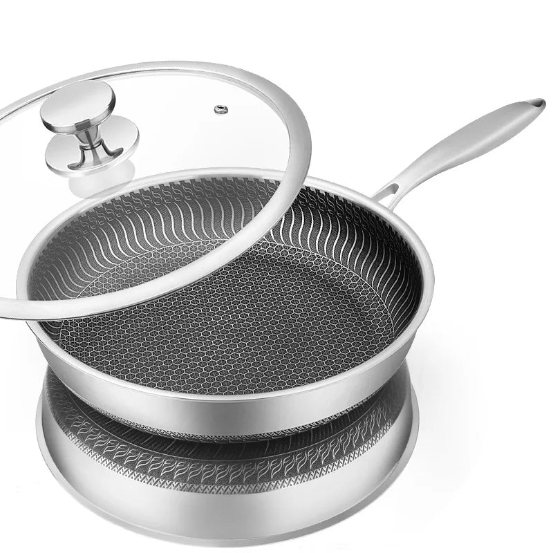 Stainless Steel Frying Pan Nonstick Honeycomb with Lid Induction Ceramic Electric Gas Cooktops Compatible