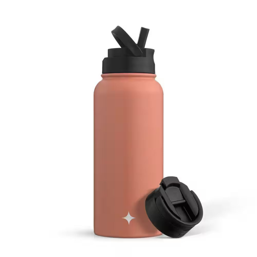 32-Ounce Stainless Steel Vacuum Insulated Bottle with 2 Lids Red and Orange