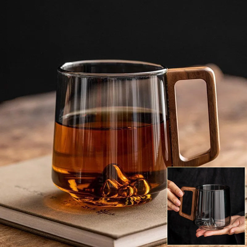 Glass Single-layer Side Wooden Handle Drinking Cups