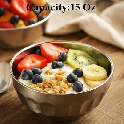 6 Pack 18/8 Stainless Steel Snack & Soup Bowls, 15 Oz Non-Slip Double-Walled Insulated Set