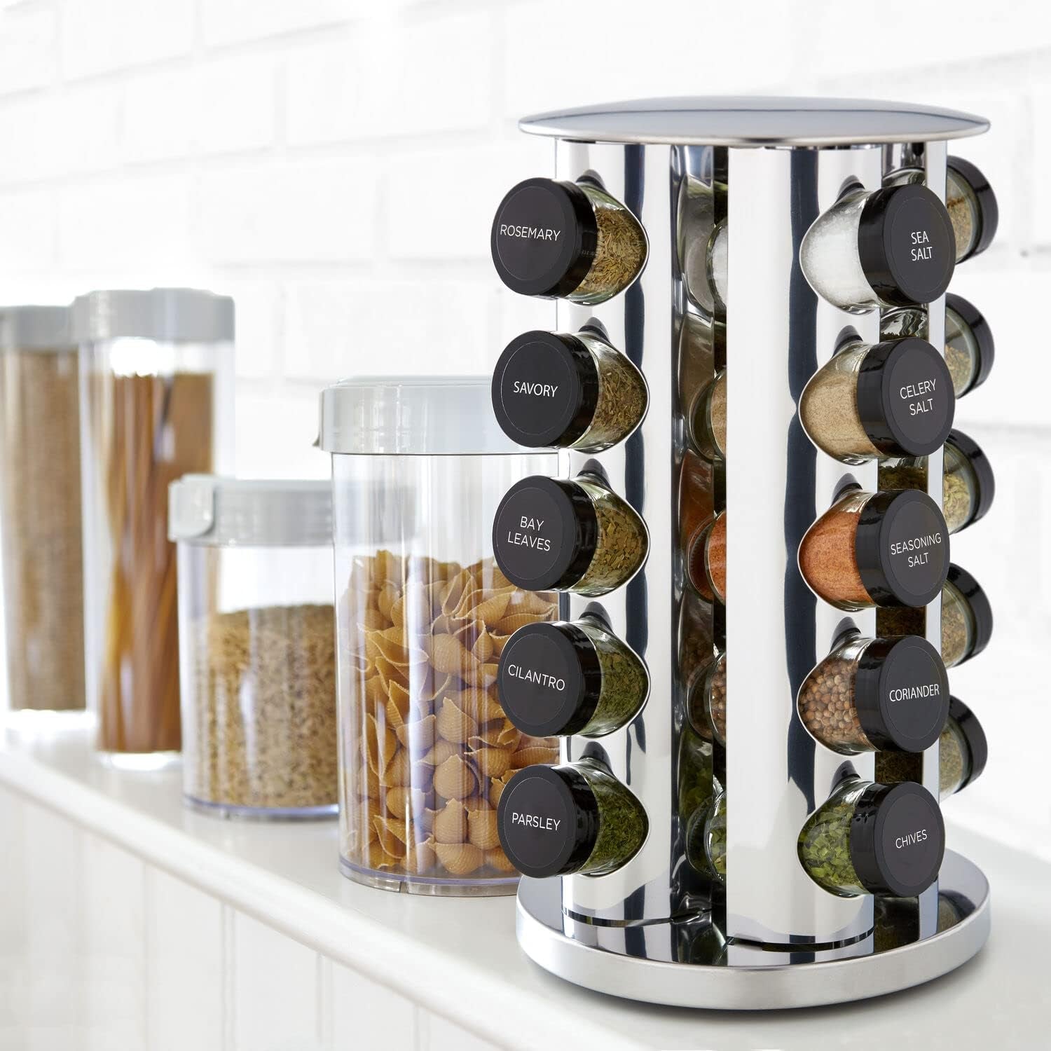 20 Jar Revolving Countertop Spice Rack with Spices Included, FREE Spice Refills for 5 Years, Polished Stainless Steel with Black Caps