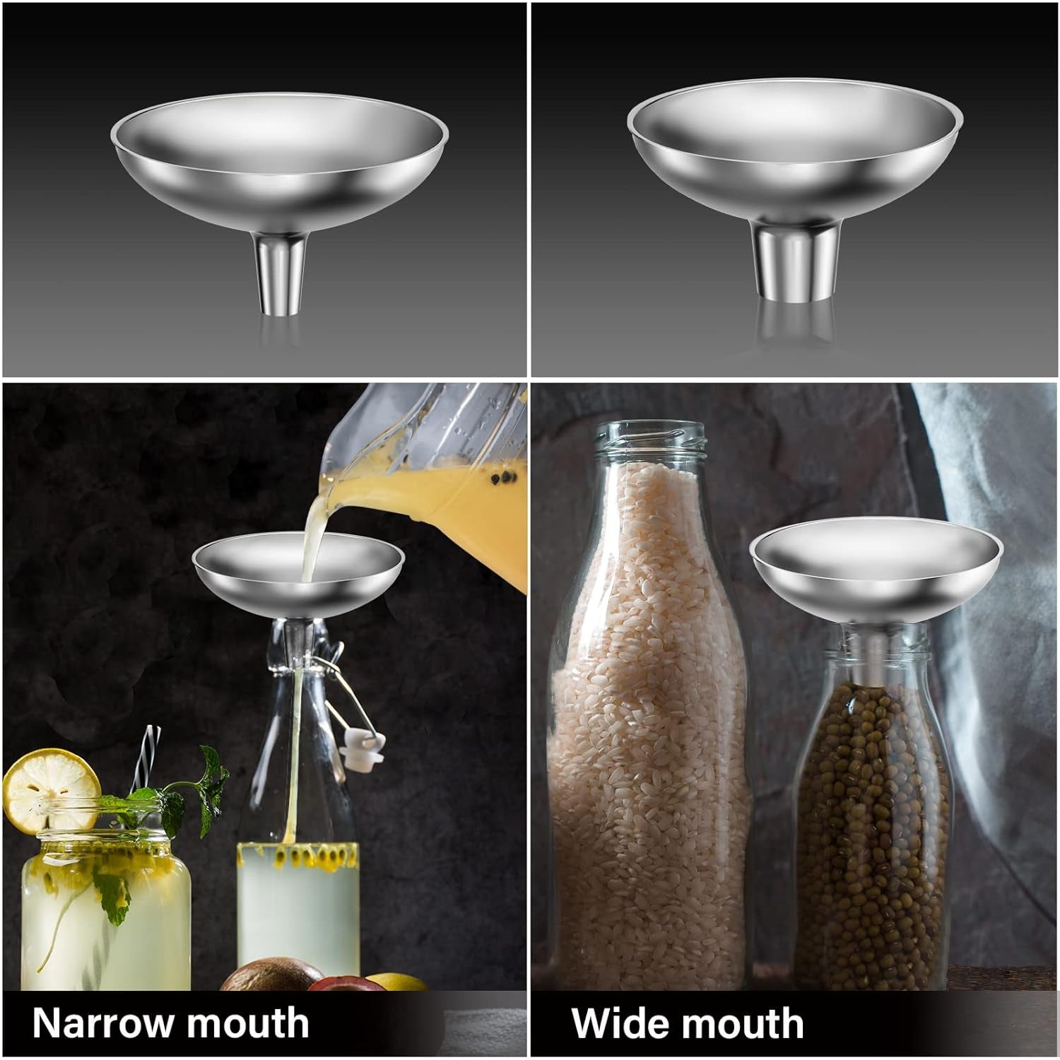 2 Large and Small Mouth Stainless Steel Funnel