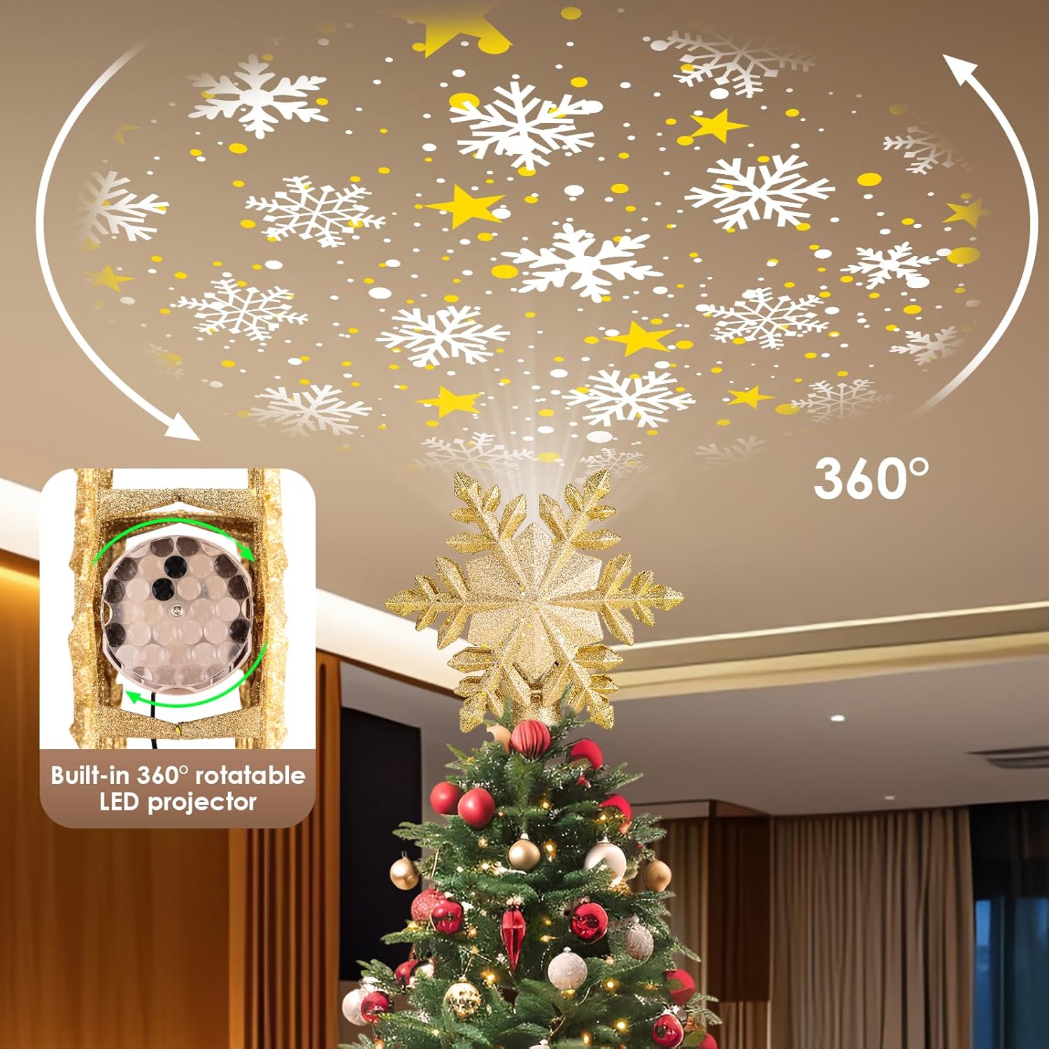 Christmas Tree Topper Lighted Star with Projector Light 6 HD Effects
