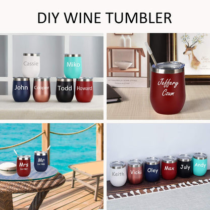 12 Oz Double Wall Vacuum Insulated Stemless Wine Tumbler with Lid Straw, Set of 6