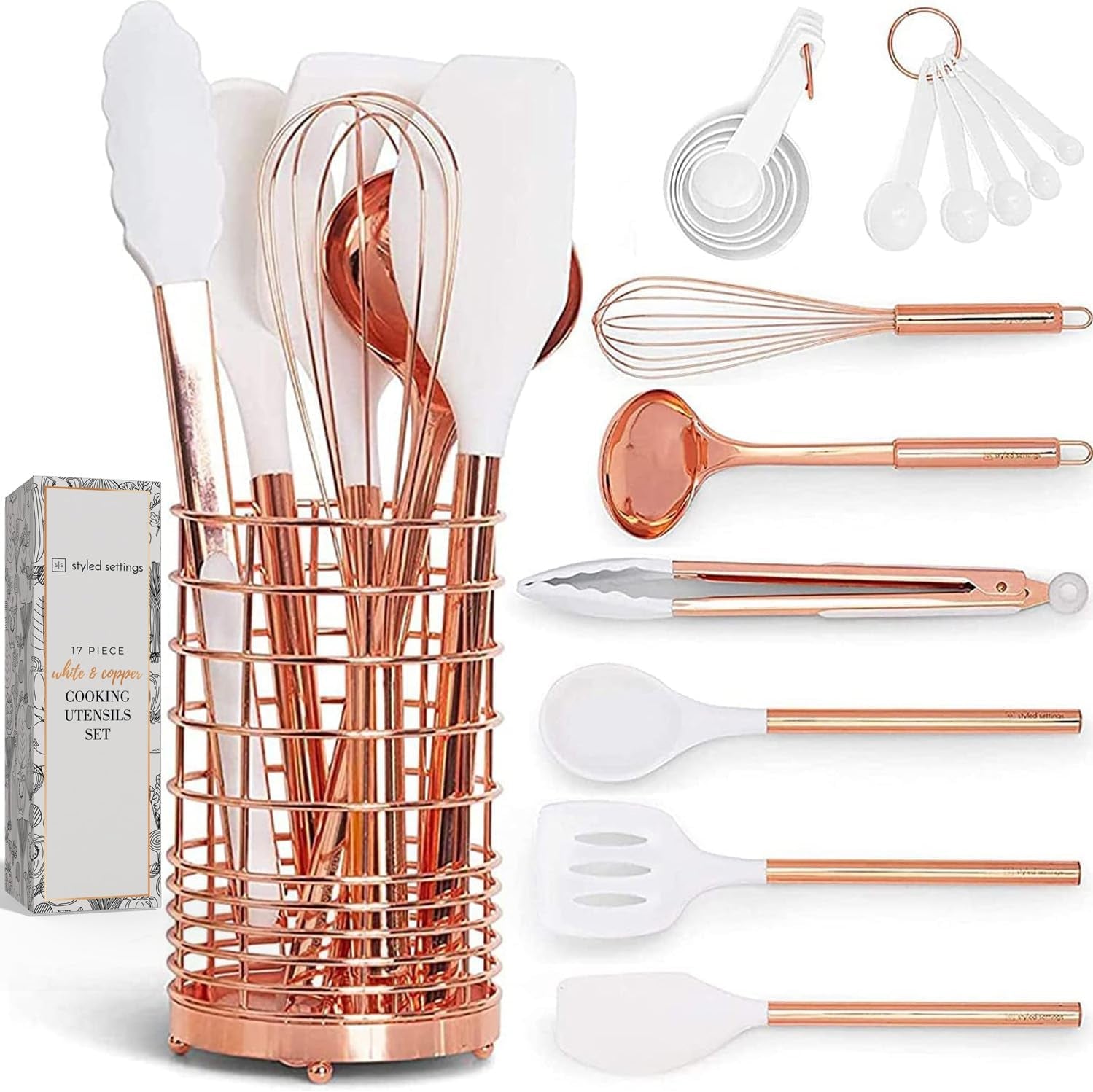 17-Piece White & Copper Kitchen Utensil Set with Holder
