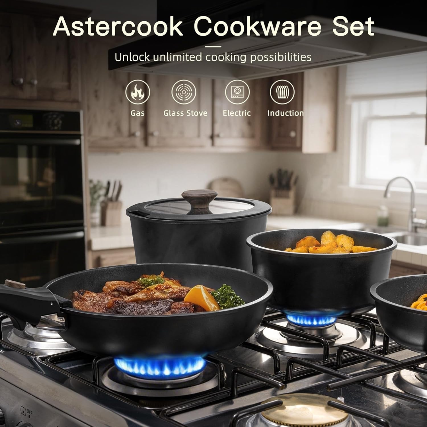 Non Stick Pots and Pans Ceramic Kitchen Cookware Set with Detachable/Removable Handle, Oven Safe, Induction Ready, 21 Pcs