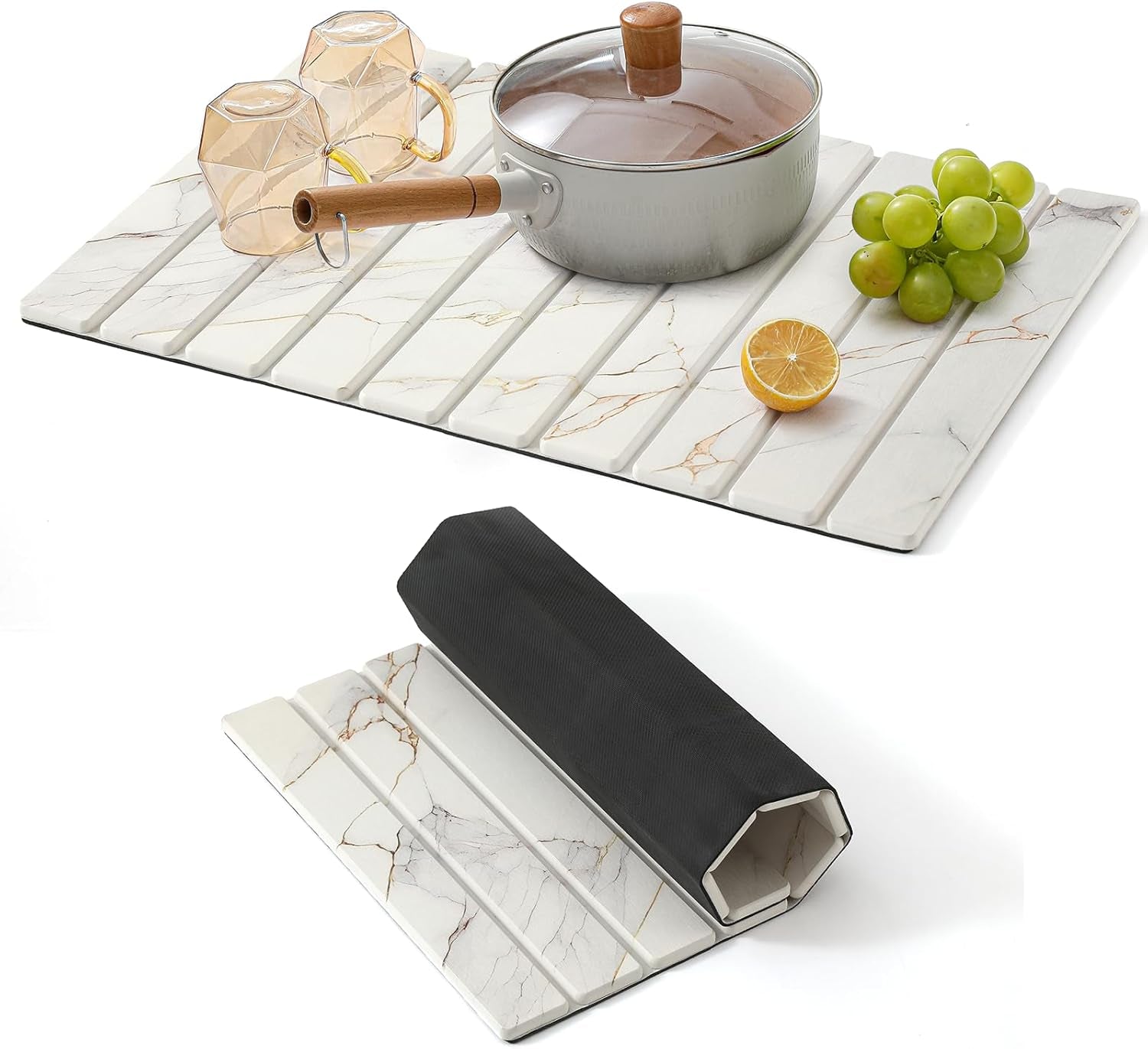 Large Stone Drying Mat for Kitchen Counter - 23.4" X 15.4" Quick Drying Foldable Dish Drying Mat - Super Absorbent Diatomaceous Earth Mat - Stone Dish Drying Mat for Cup Bottle (Marble Color)