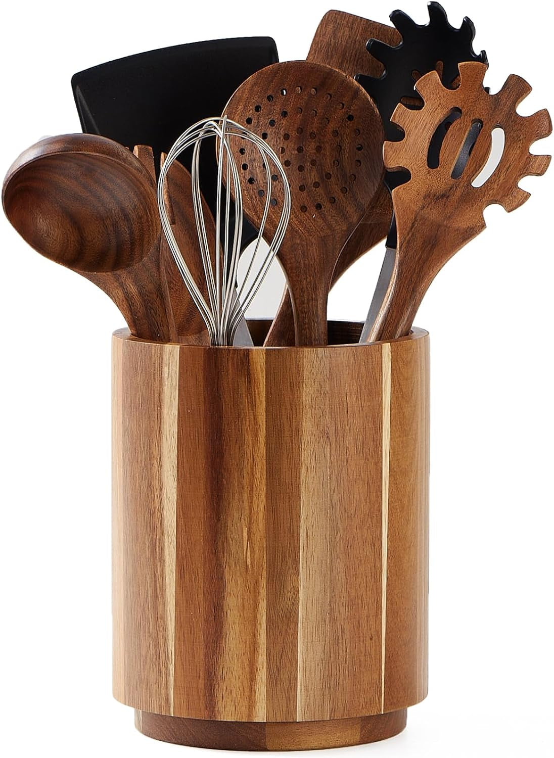 Acacia Wood Utensil Holder for Kitchen Counter, 360° Rotating 7.2" Wooden Cooking Utensil Crock for Countertop