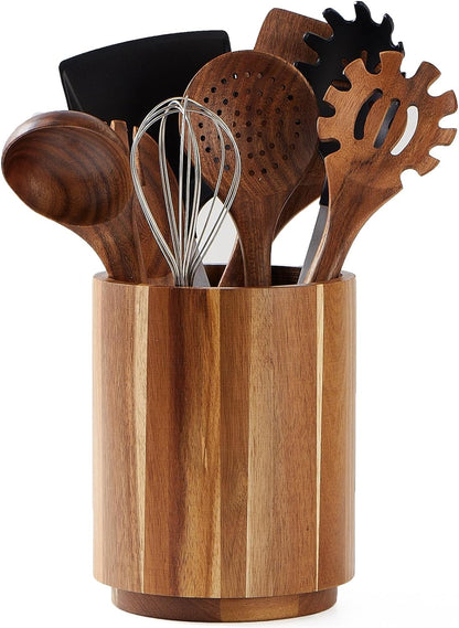 Acacia Wood Utensil Holder for Kitchen Counter, 360° Rotating 7.2" Wooden Cooking Utensil Crock for Countertop
