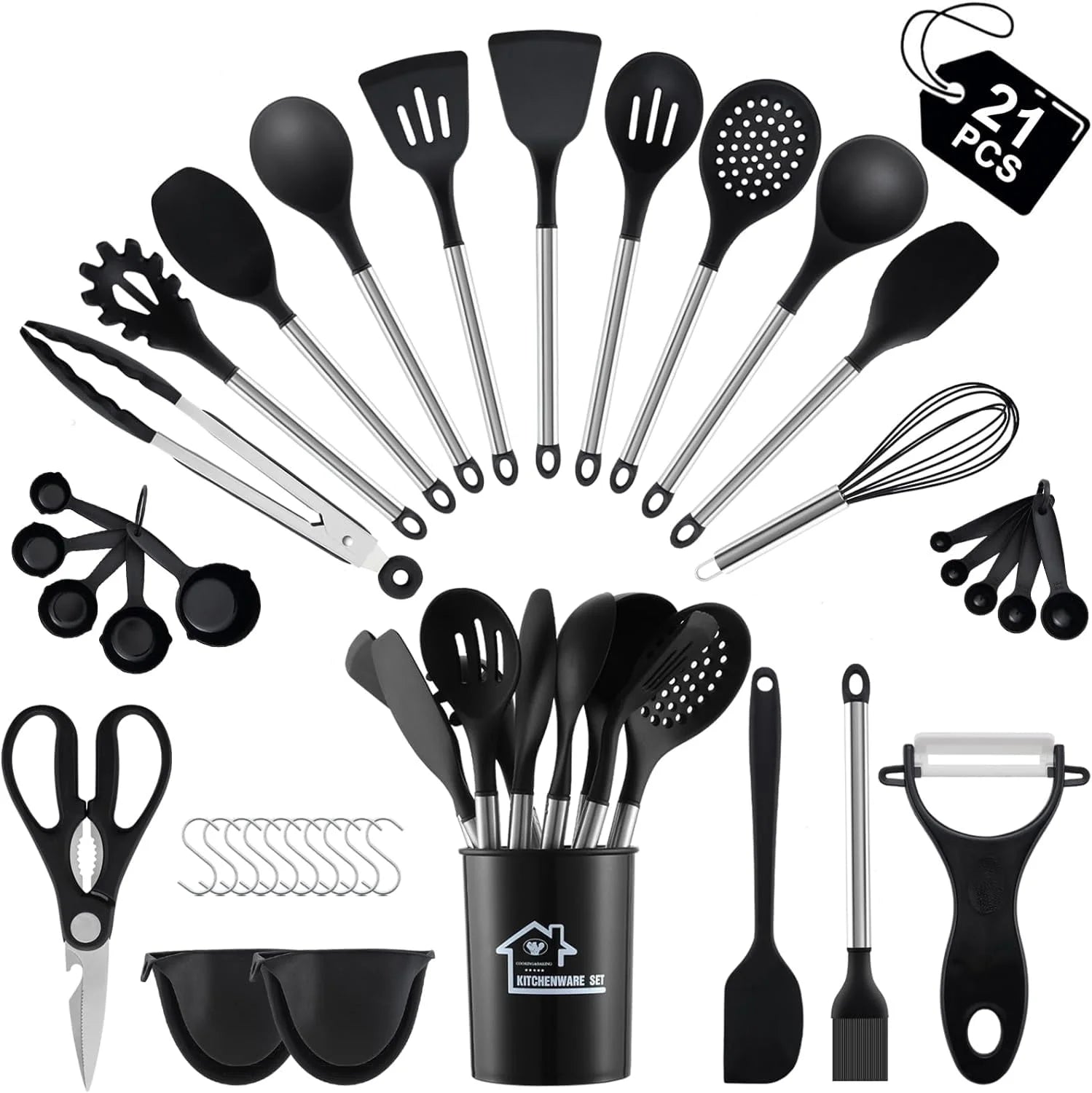 21 Pcs Silicone Cooking Utensils Set with Holder, BPA-Free, Non-Stick Heat Resistant Silicone Cookware with Stainless Steel Handle