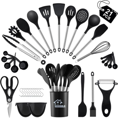 21 Pcs Silicone Cooking Utensils Set with Holder, BPA-Free, Non-Stick Heat Resistant Silicone Cookware with Stainless Steel Handle