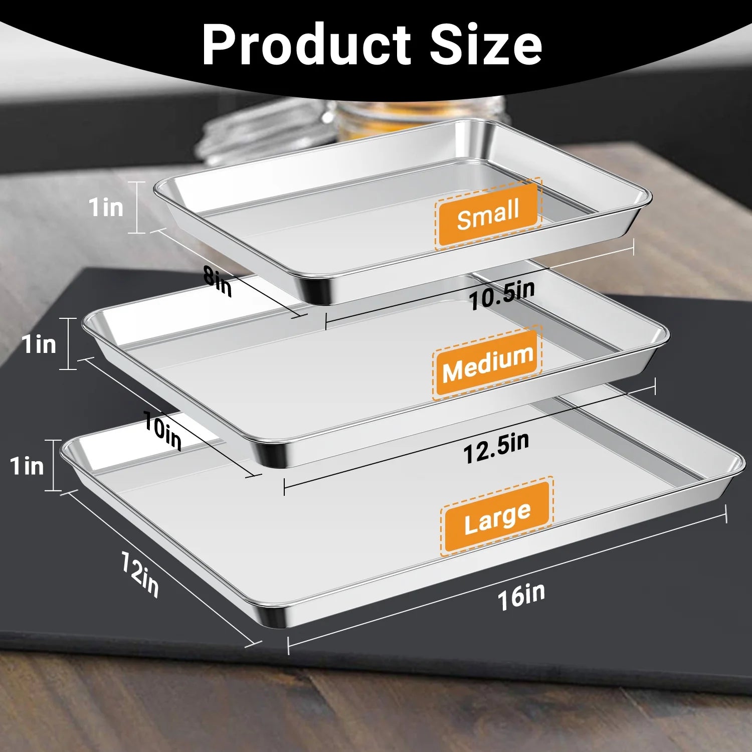 Stainless Steel Baking Sheet Set of 3, Rectangle Size 10/13/16 Inch, Mirror Finish & Rust Free, Dishwasher Safe