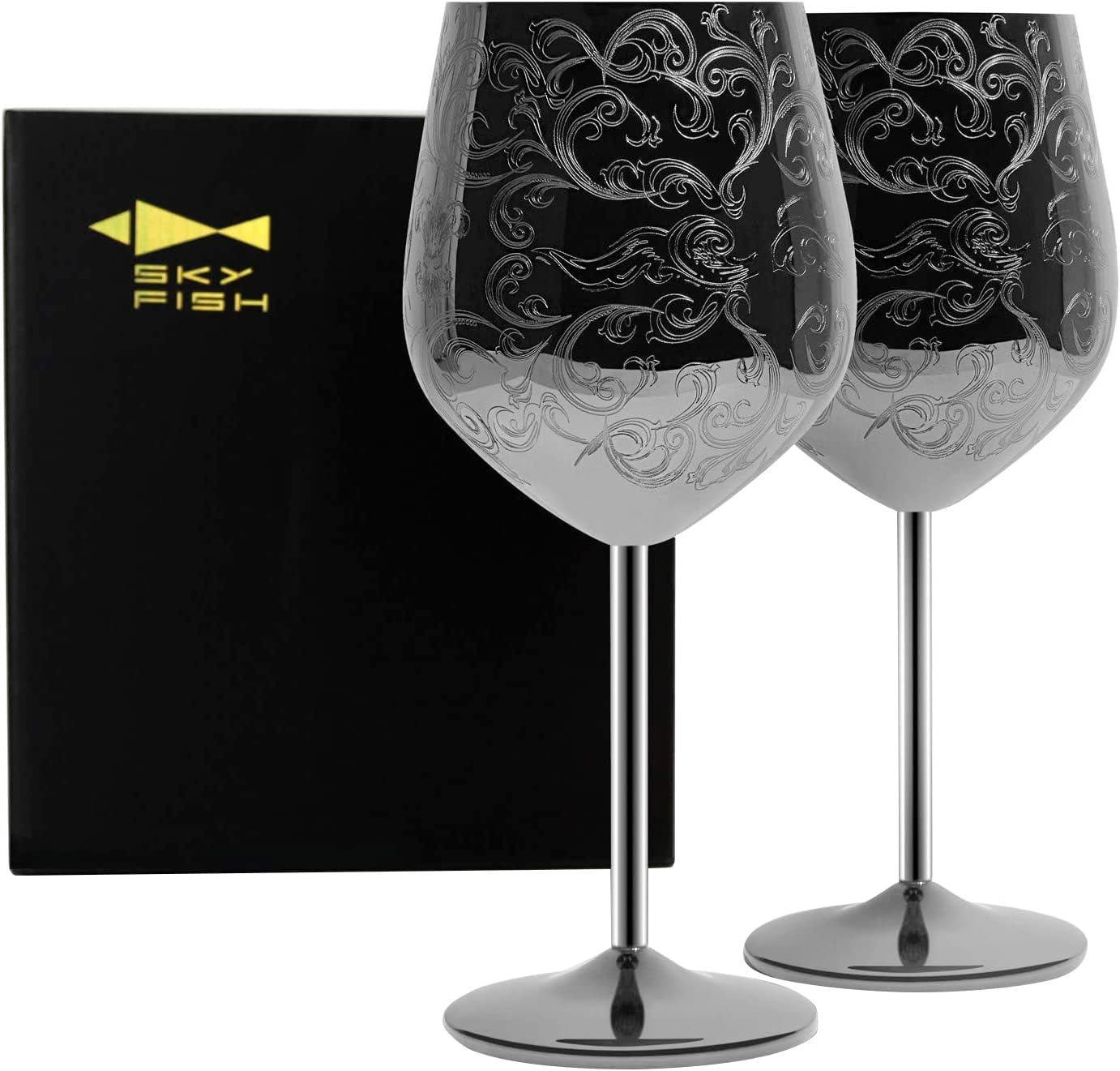 Stainless Steel Wine Glasses with Black Plated, Etched with Intricate and Authentic Baroque Engravings Set of 2(17Oz)