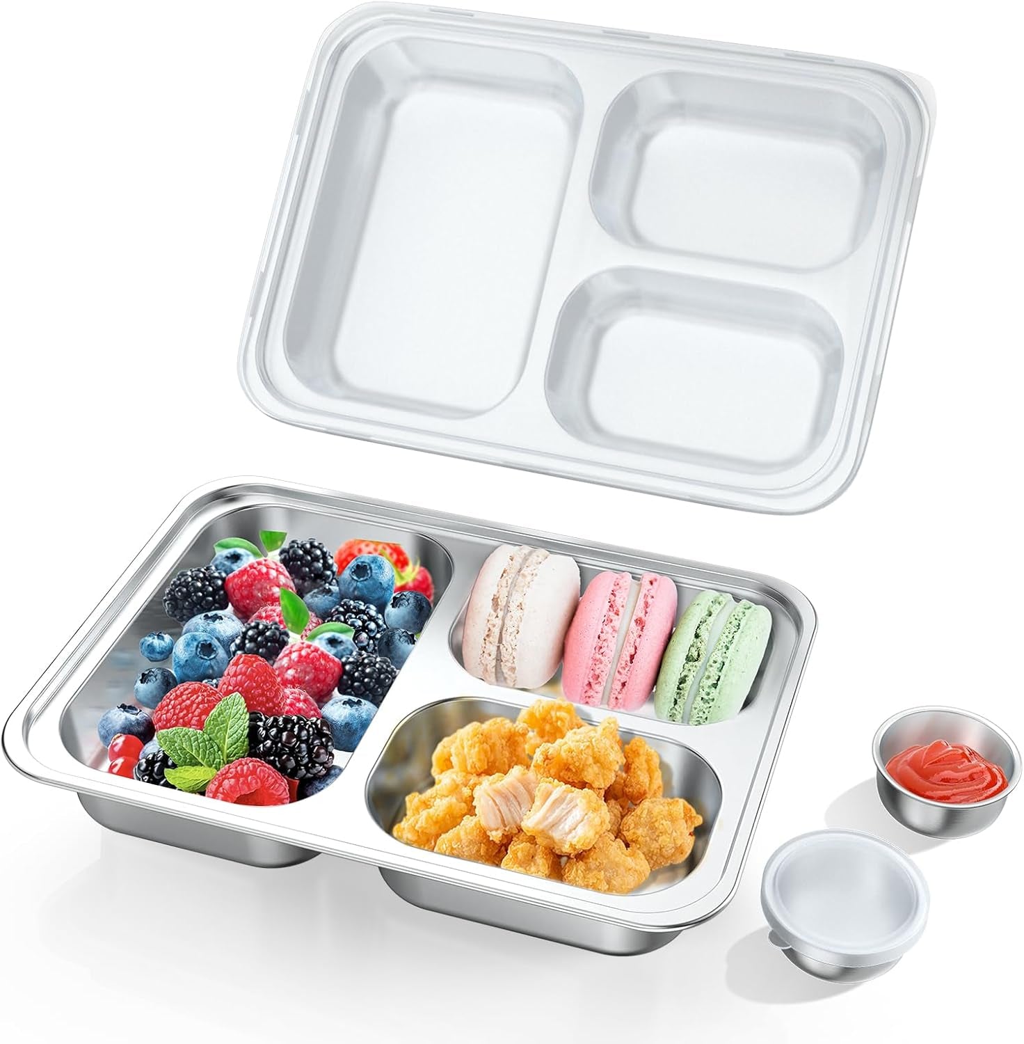 Stainless Steel Divided Plate for Kids Toddler, Non Toxic Portion Control Plate Dinner Plate with Lid, 2 Pack 3 Sections Rectangular Snack Plate