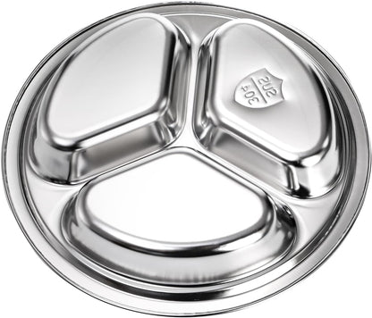4 Pack Stainless Steel round Divided Plates, 9.5 Inch Dinner Snack Plates with 3 Compartment