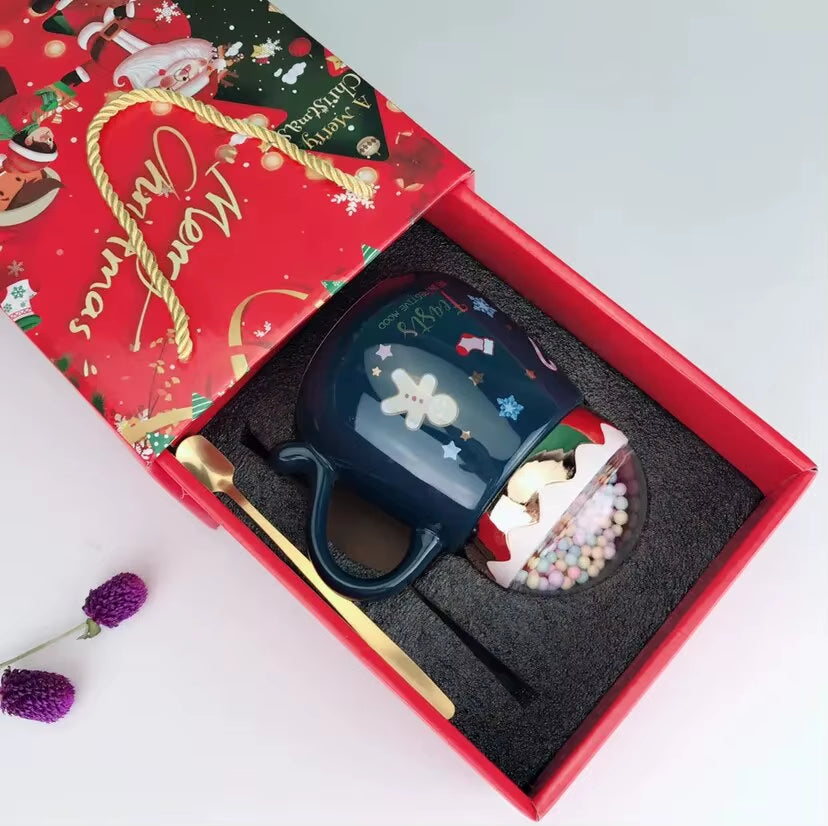 Christmas Ceramic Mugs Set with Lid and Spoon