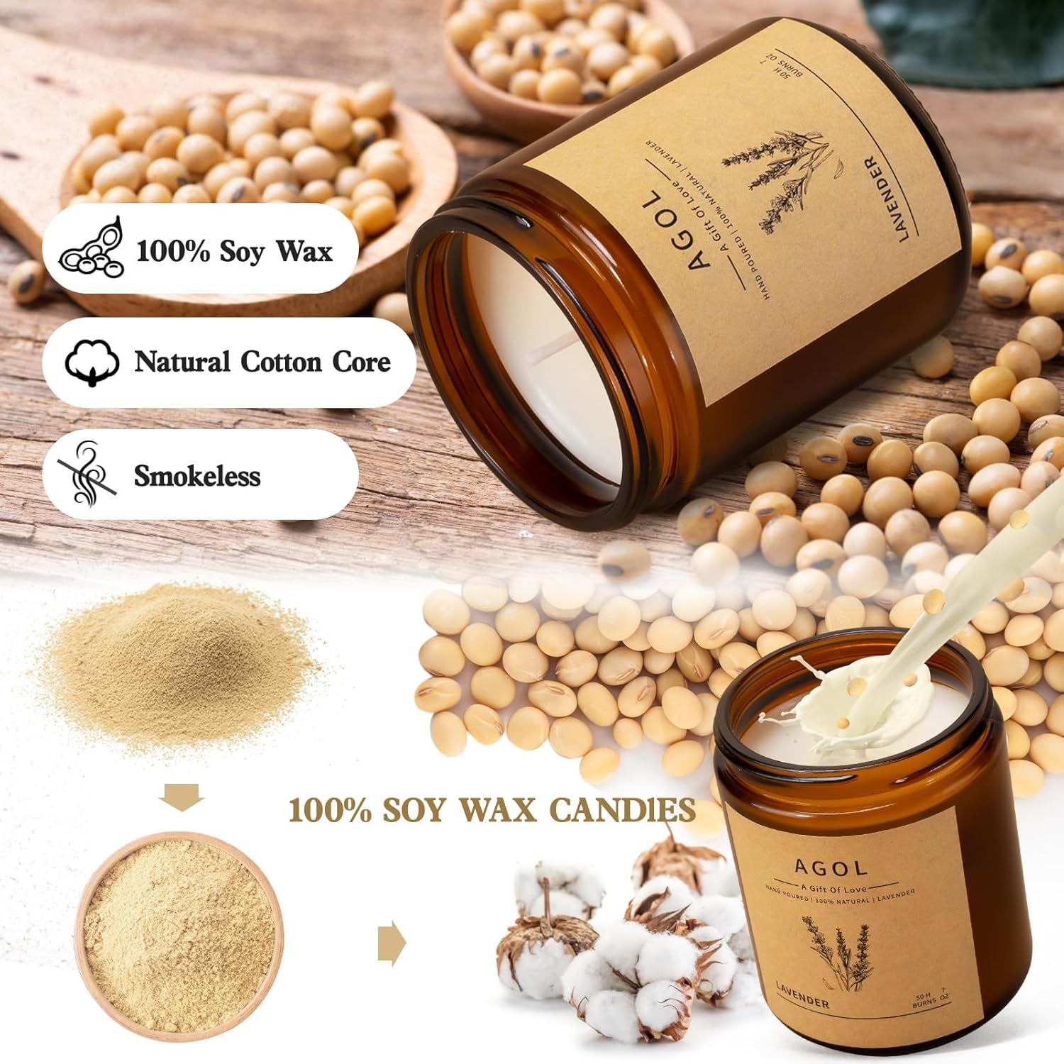 Scented Candles for Home, Luxury Amber Jar Aromatherapy Candle, All-Natural Soy Candles, 50 Hour Long Lasting Candle